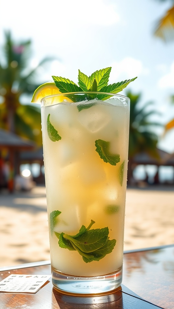 A glass of rum and coconut water refresher with lime wedge and mint, set on a beach background.